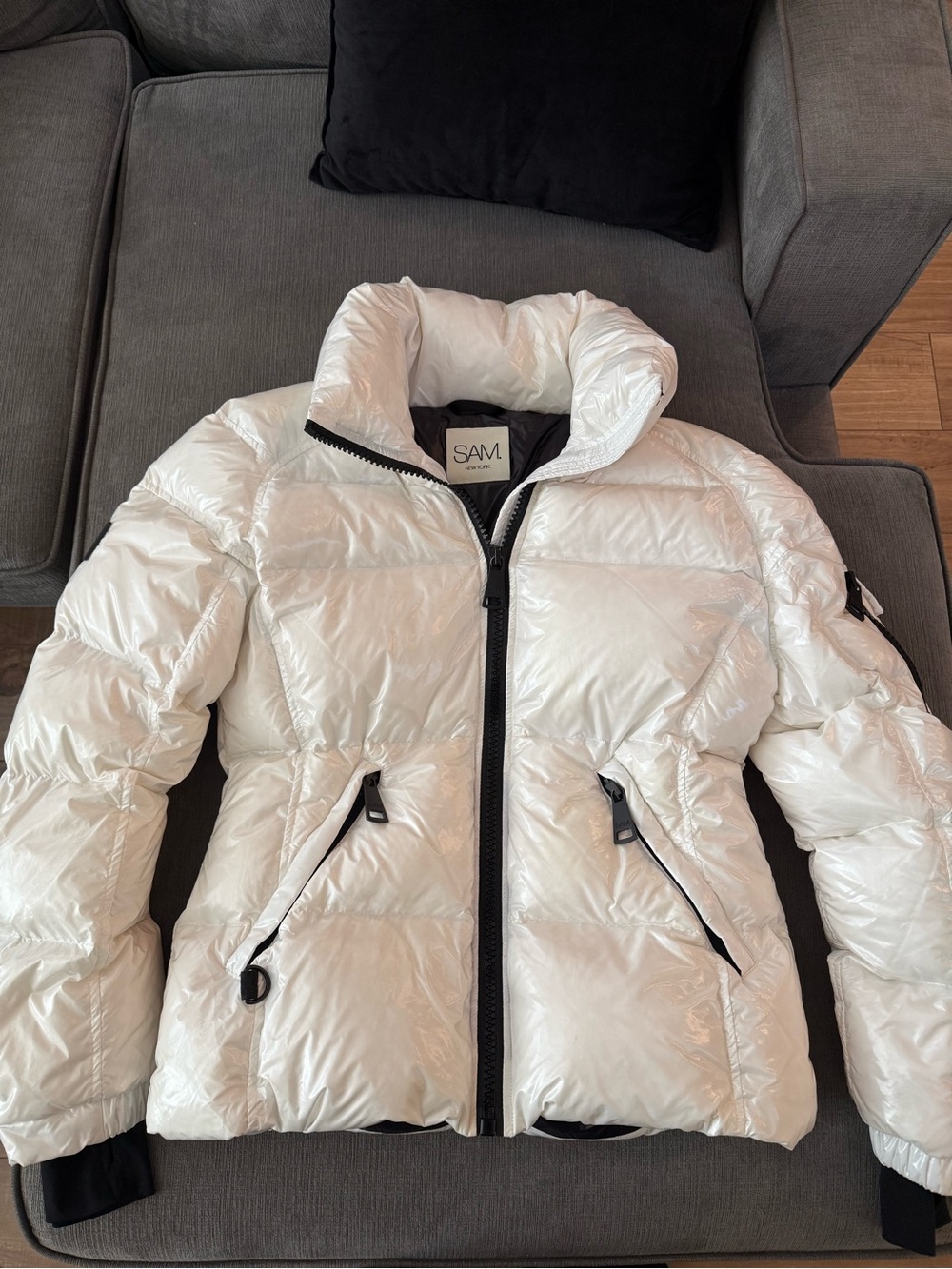 SAM. White Glossy Puffer Jacket with Black Trim